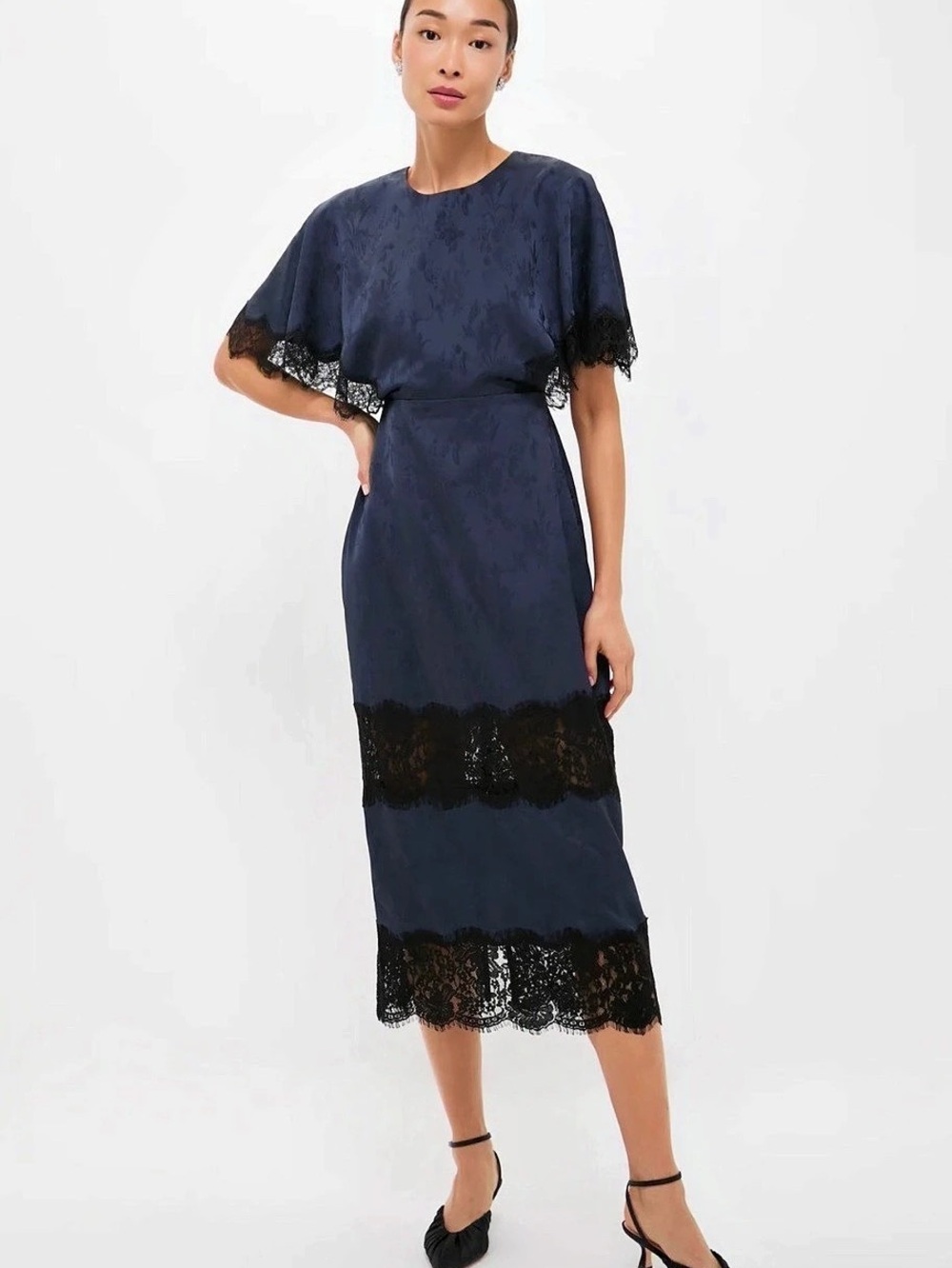 Tuckernuck Navy Jacquard Lace Cape Leah Midi Dress Black Trim NWT Size 8